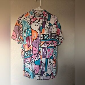 Vintage 90s Abstract Geometric Button Up Shirt Colorful Retro Art Print Medium